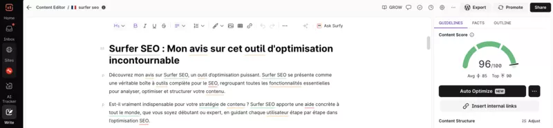 vue du Content Editor  surfer seo
