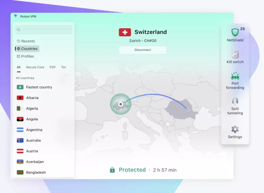 interface de proton avec connexion en suisse