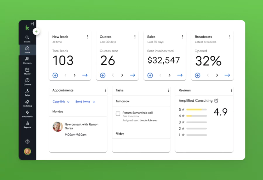 tableau de bord de Keap