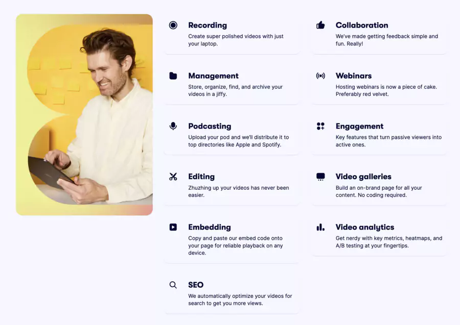 nom de chaque fonctionnalités disponibles sur le site de wistia
