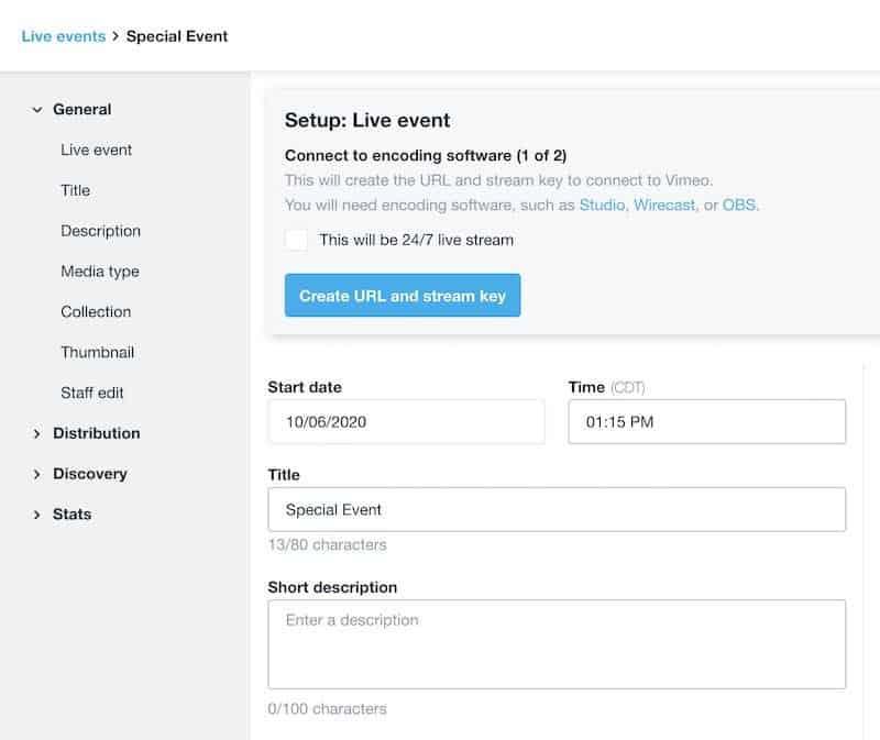 Configuration pour la Diffusion d'événements en direct - Vimeo
