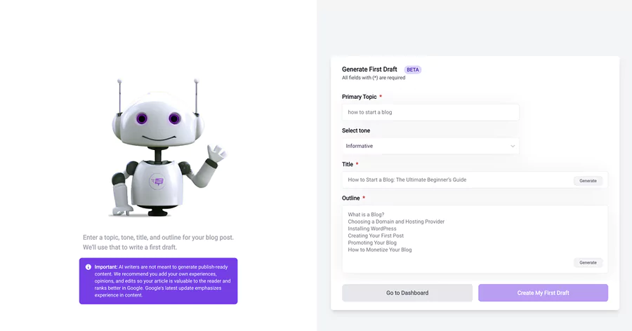 Écran IA avec article généré, texte : « Un blog en 10 min ! ».