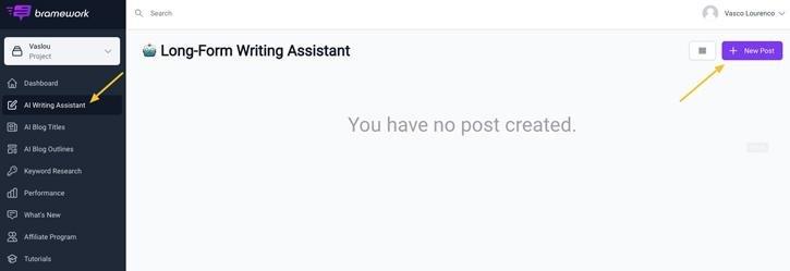 Bramework Long form writing assistant dashboard