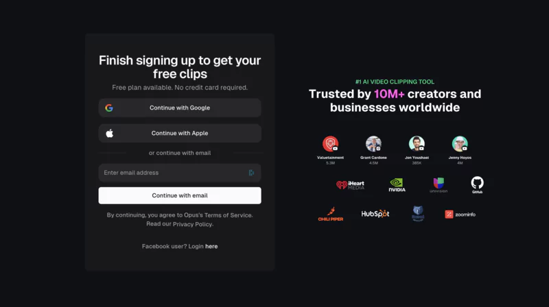 page d'inscription sur le site web de Opus Clip