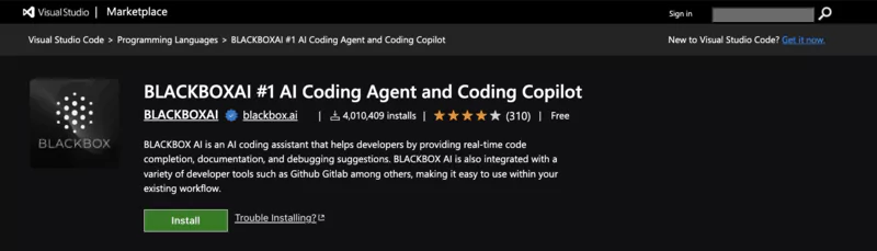 APplication blackbox AI pour Visual Studio