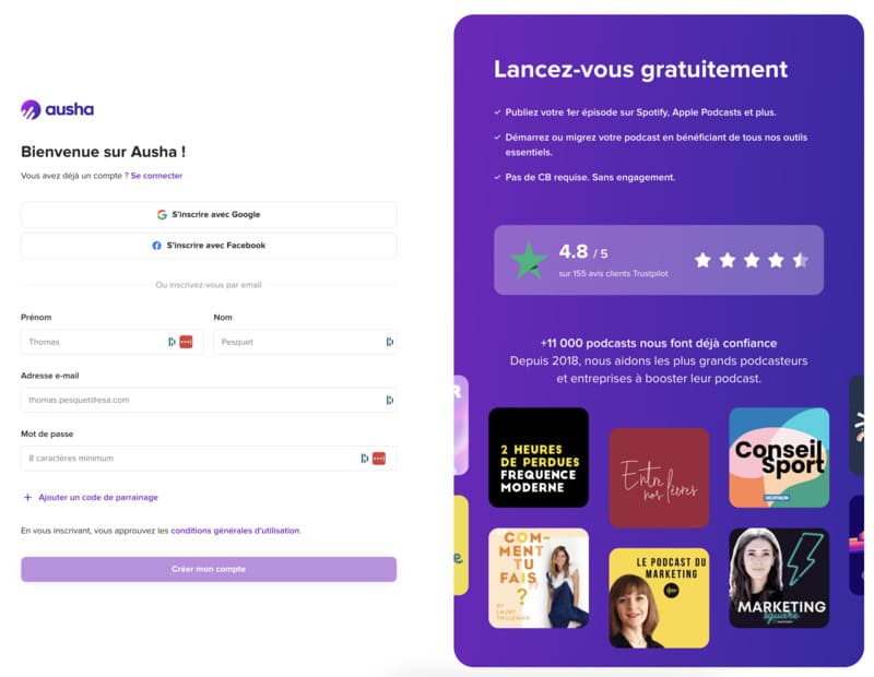 interface de la page inscription sur la plateforme de podcasts Ausha