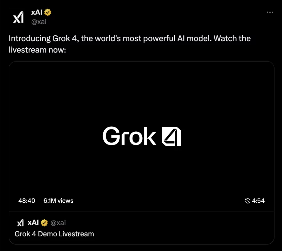 message d'annonce sur 𝕏 de l'arrivée de Grok 4