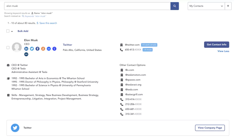 Accès aux informations de contact sur RocketReach