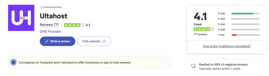 Avis sur Trustpilot de Ultahost