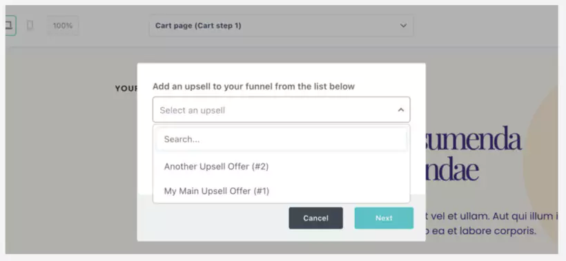 sélection d'une upsell 