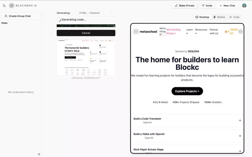 Vue de l'interface de chat montrant une conversation technique avec exemples de code de Blackbox AI