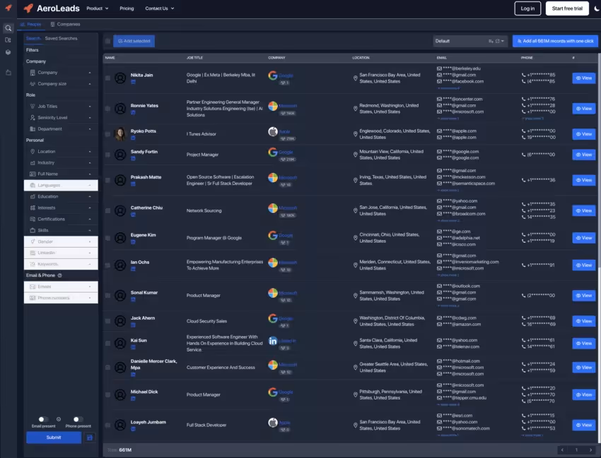 interface de recherche de contacts sur Aeroleads