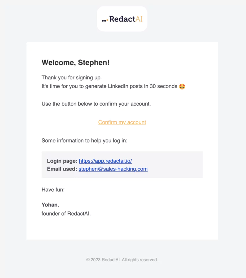 Email de confirmation d'ouverture de compte de RedactAI