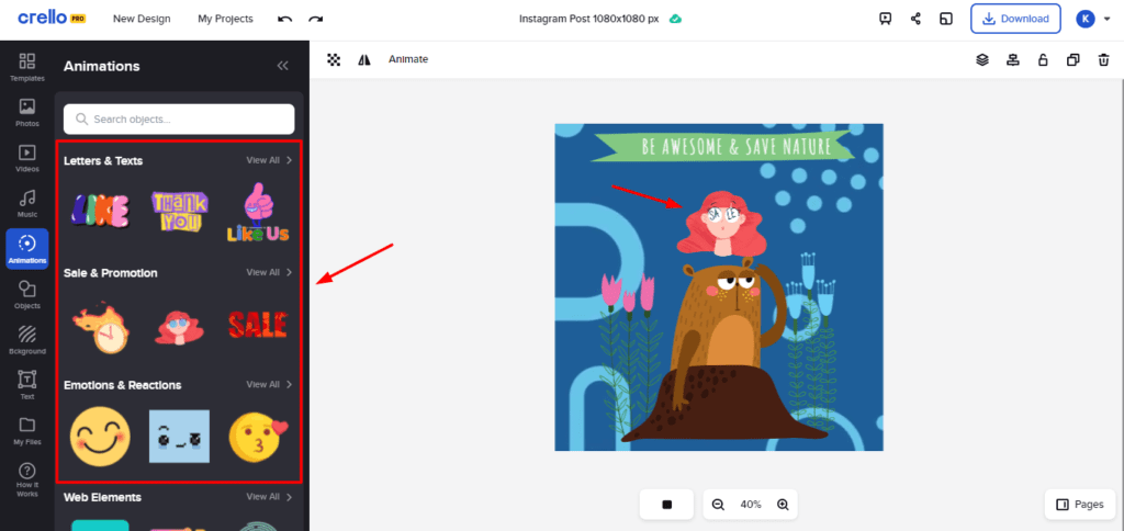 Crello fonctionnalités de Animations