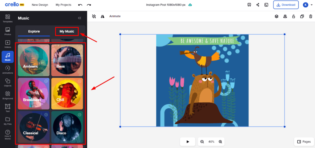 Crello fonctionnalités de Music