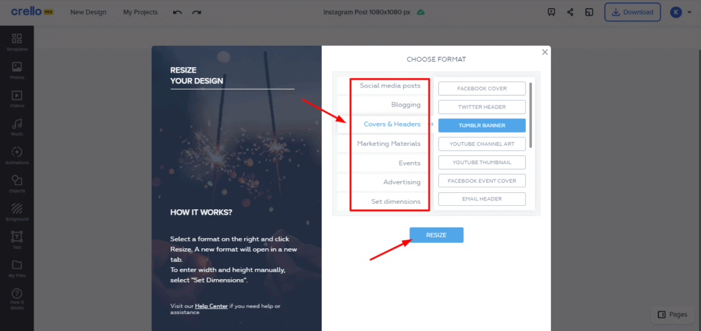 VistaCreate (Crello) Resize tool