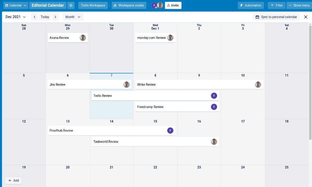 Trello - Vue du Calendrier Éditorial workflow deadlines perspective pricing 