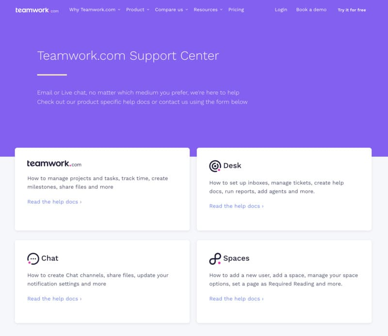 site de Teamwork -page du support en anglais