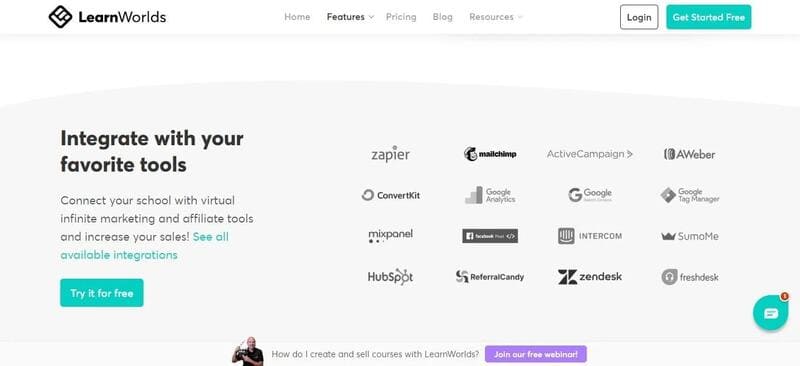 intégrations offertes par Learnworlds
