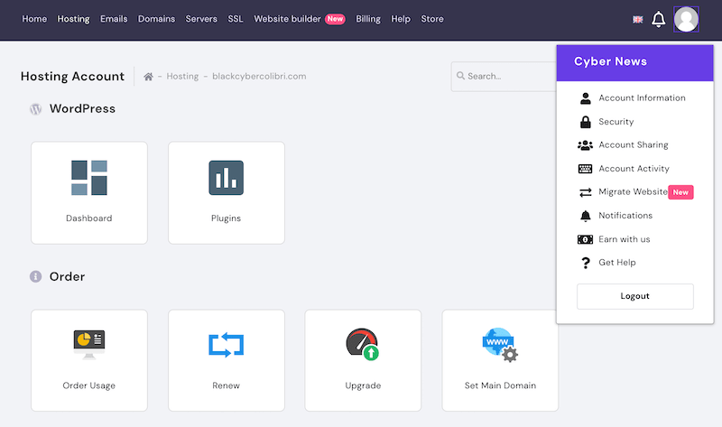 Finding website migration form in Hostinger account