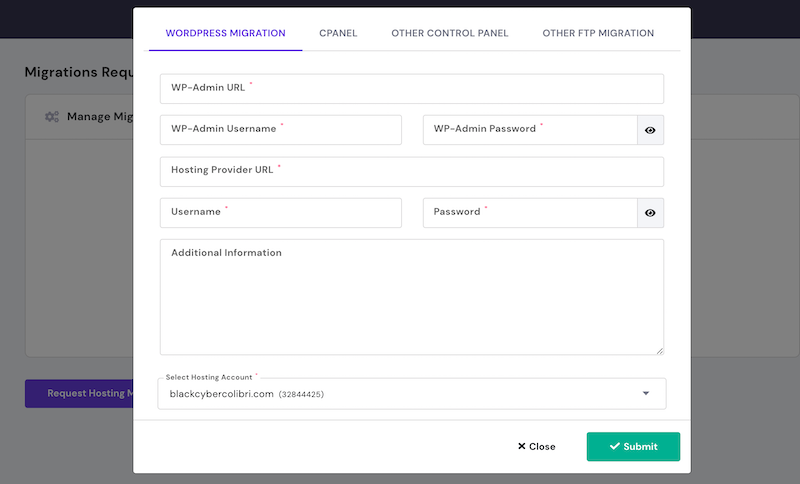 Website migration form in Hostinger