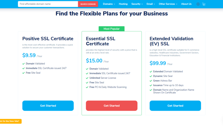 NameSilo SSL certificate price plans