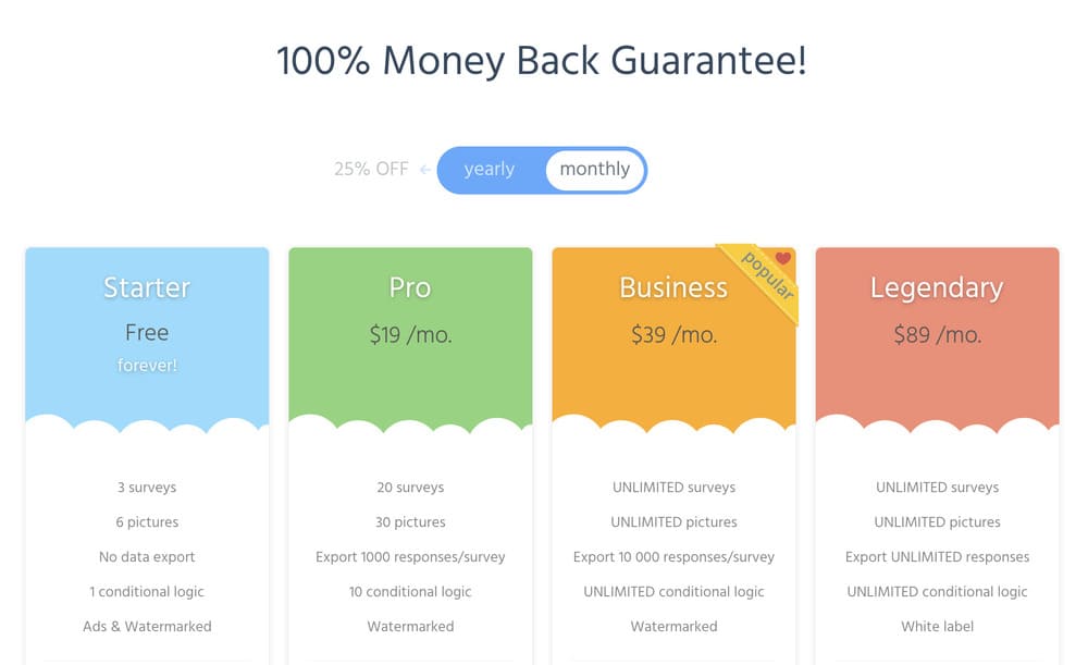 Application SurveyLegend tarifs 