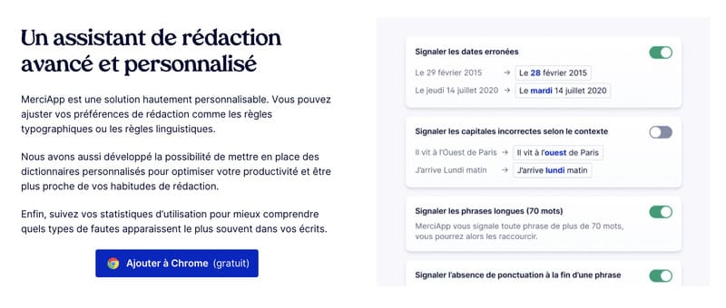Capture d'écran de l'interface de MerciApp montrant les suggestions d'amélioration