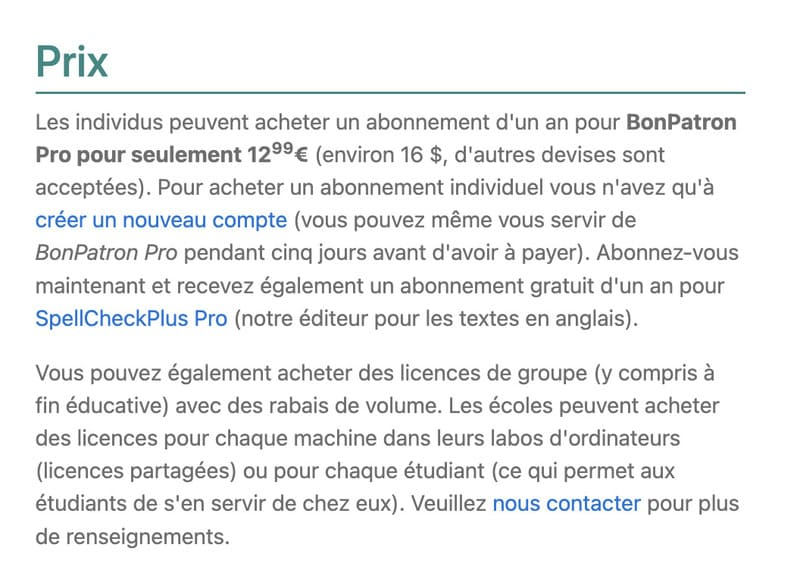 tarifs de bon patron pro (version payante) - site de bon patron