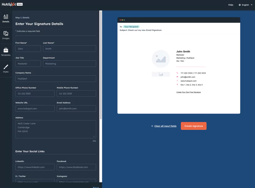 personnaliser le style de signature avec Hubspot