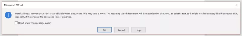 Word pop-up during PDF to DOCX conversion