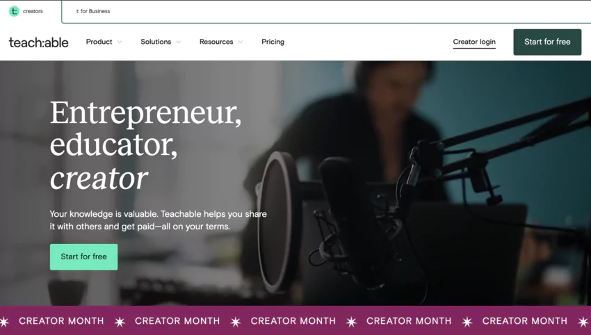 page d'accueil de la plateforme Teachable