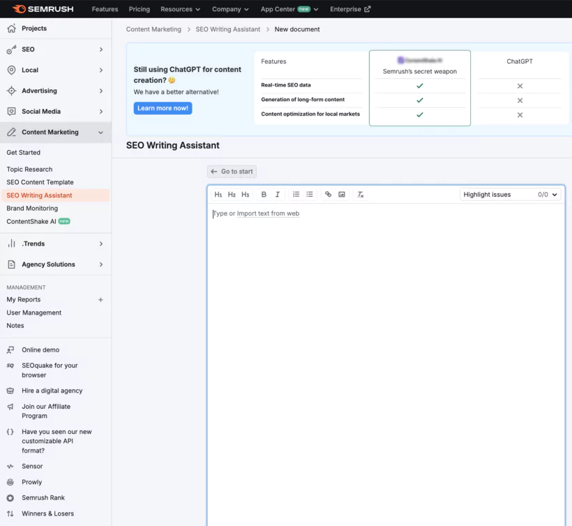 Vue d'ensemble des outils d'optimisation de site avec semrush AI Writing Assistant