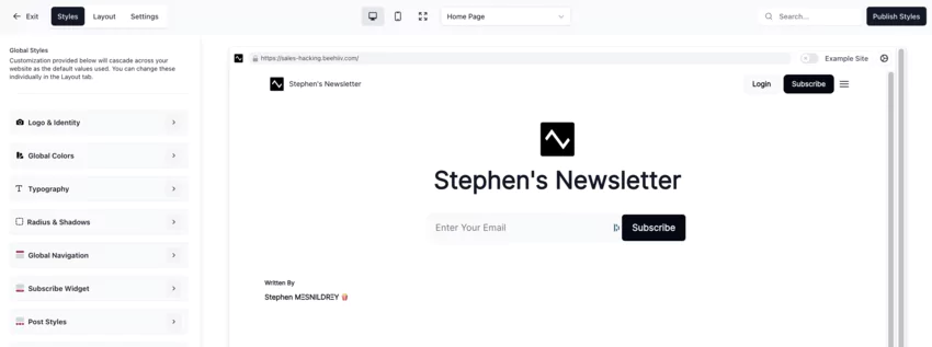 beehiiv email capture web page design