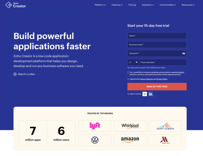 zoho creator - page d'accueil du logiciel de workflow et gestion des processus métiers