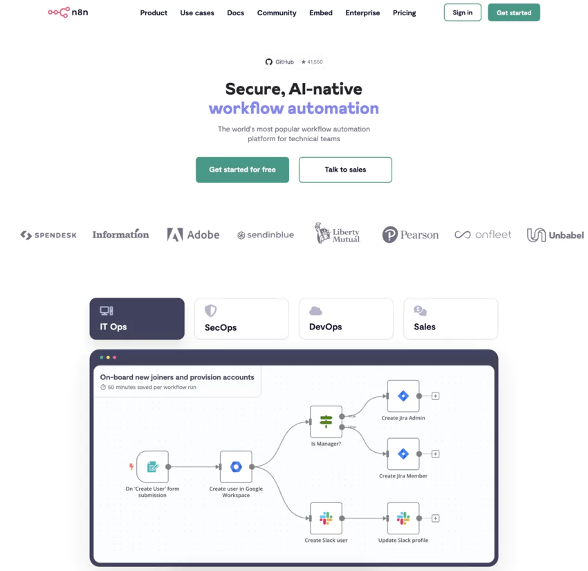 n8n - page d'accueil du logiciel de workflow et gestion des processus métiers