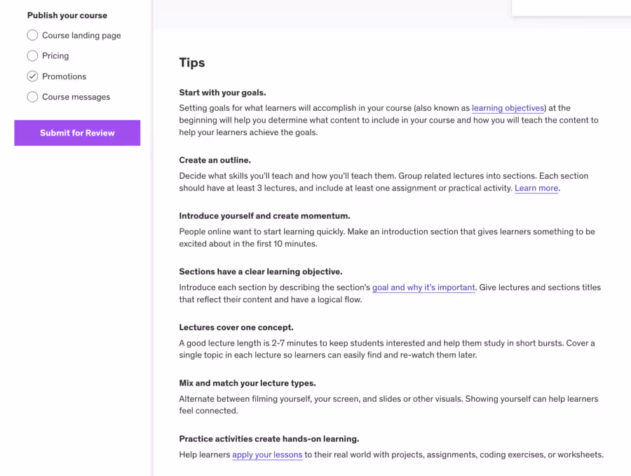 Course structure combining different types of content on the Udemy website