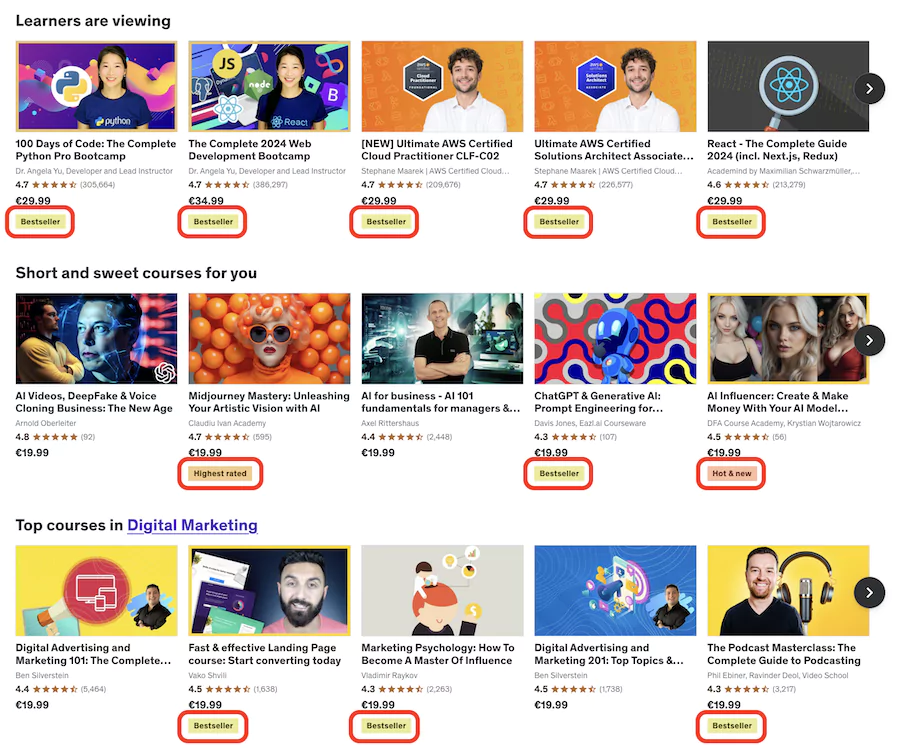 e-learning les plus populaires sur le site Udemy