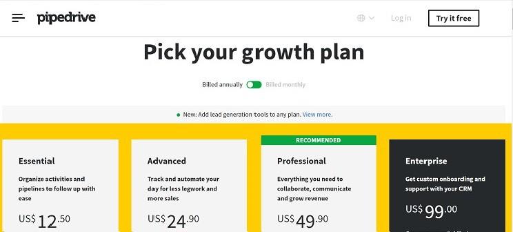 Pipedrive Pricing Page