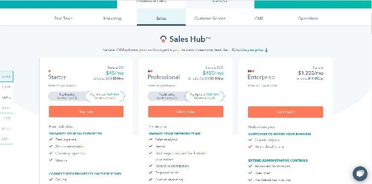 HubSpot Sales Hub Pricing Page