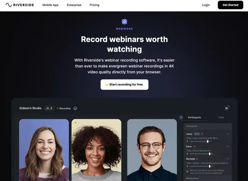 Riverside  page d'accueil du Logiciel de webinar pour conférence en ligne