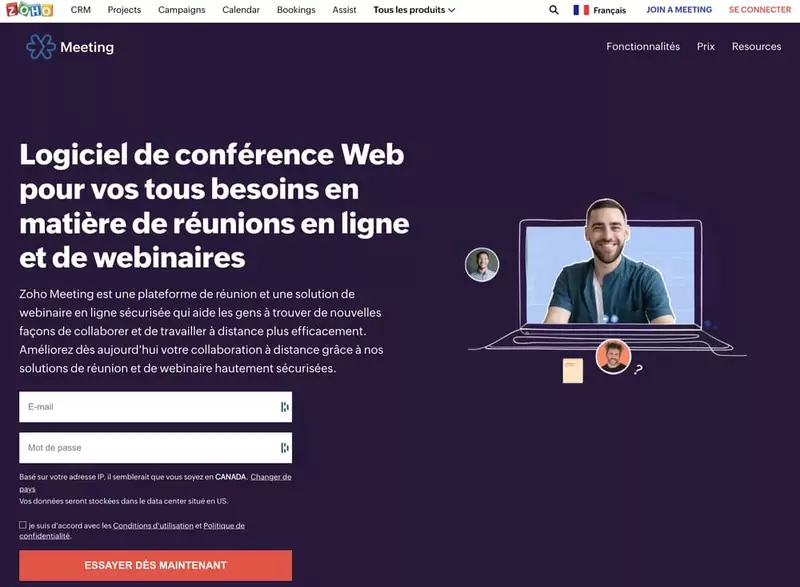 Zoho Meeting  page d'accueil du Logiciel de webinar pour conférence en ligne