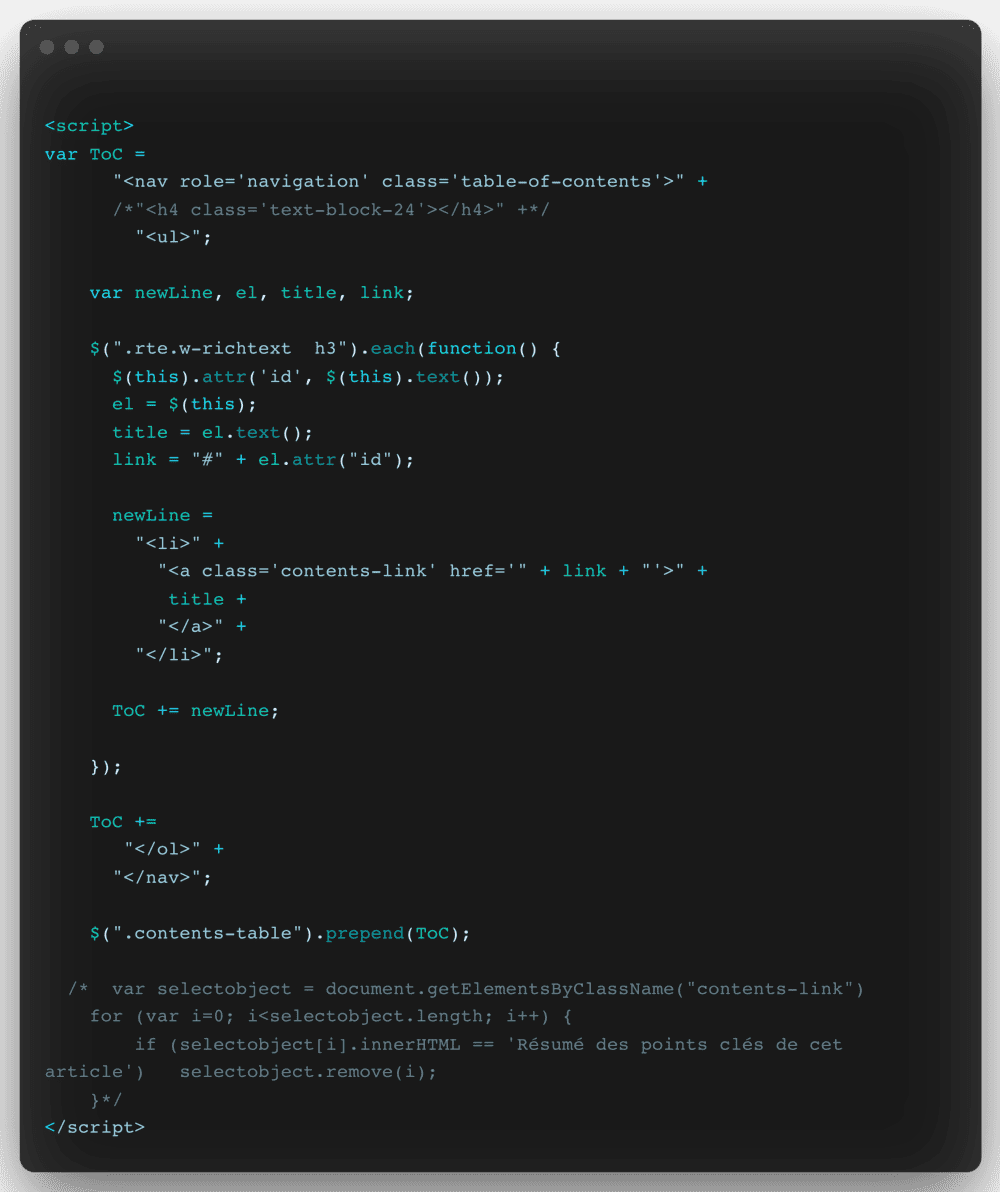 Exemple script table des matières