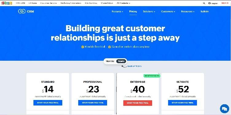 Zoho CRM Pricing Page