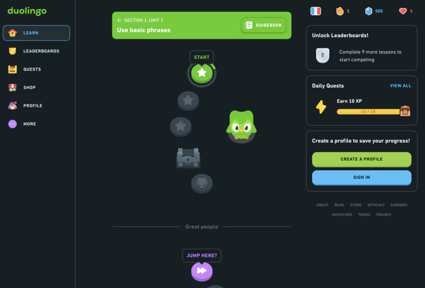 page d'accueil de Duolingo.