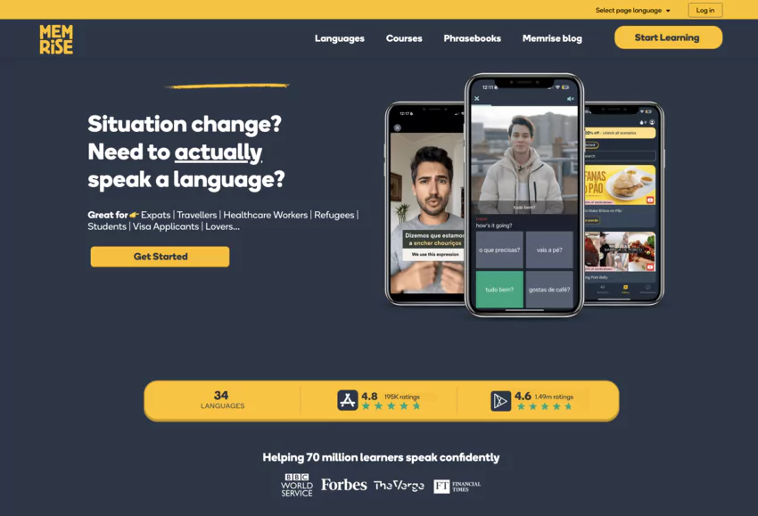 page d'accueil de Memrise.