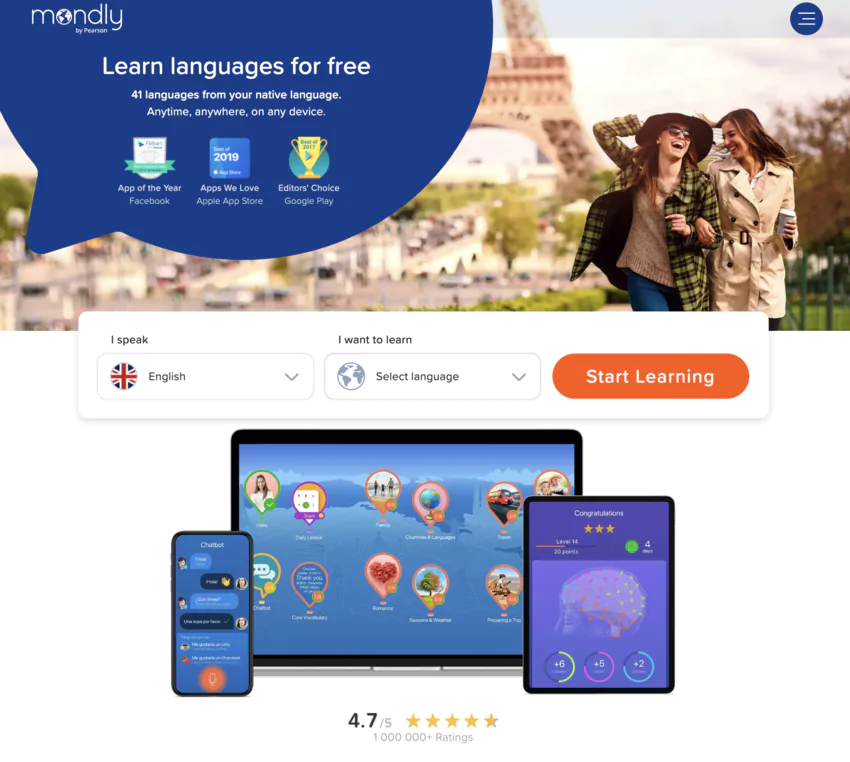 page d'accueil de Mondly.