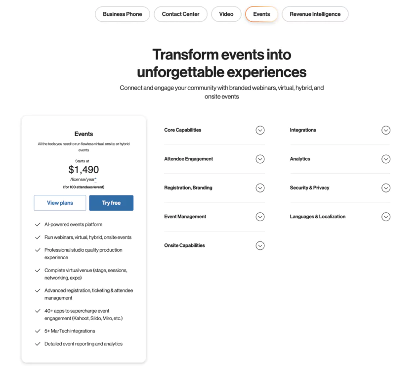 Page des tarifs du site web de ring central events