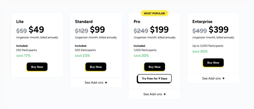 Page des tarifs du site web de GoTo