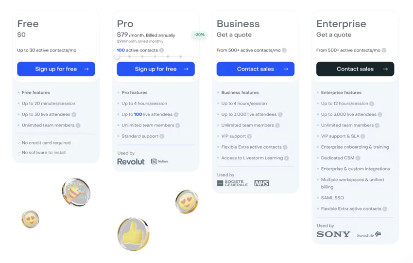 Page des tarifs du site web de  LiveStorm